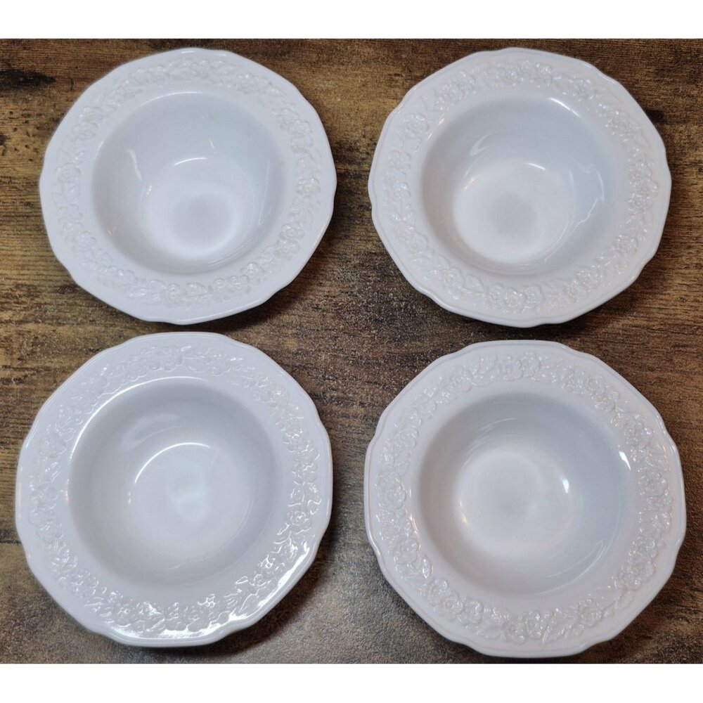 Set Of 4 Anchor Hocking Milk Glass Floral Rim Dessert Berry Bowls Cottage Core